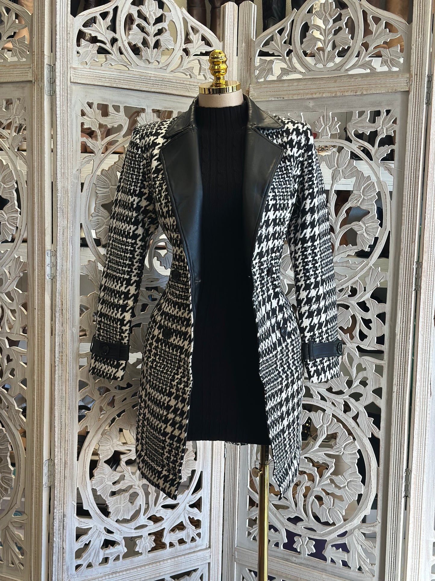 Houndstooth Faux Leather Coat