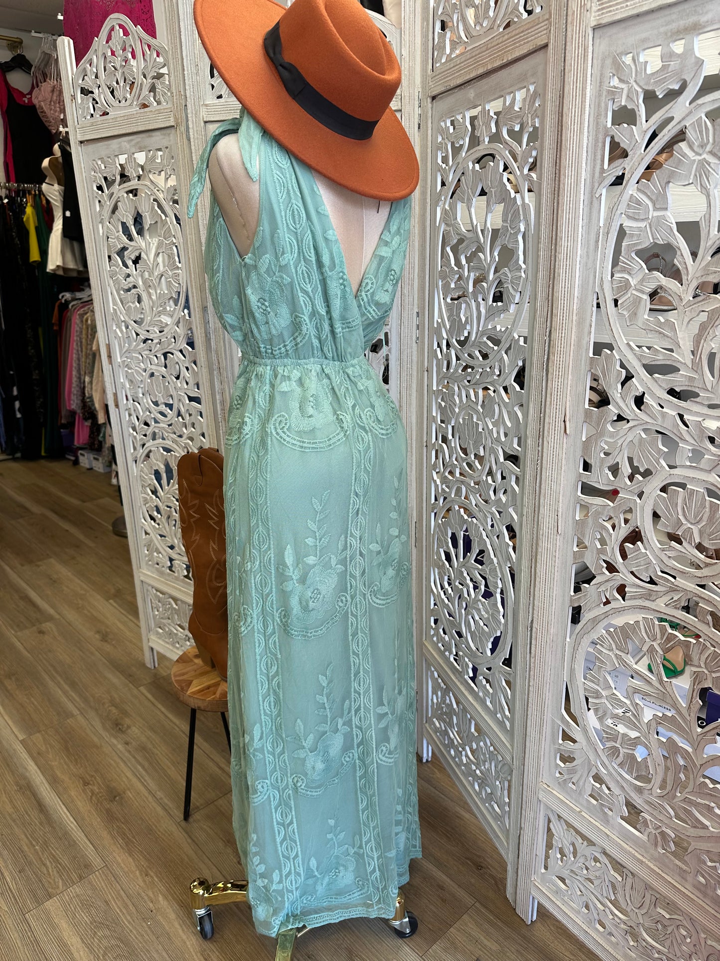 Sheer Embroidered Mint Maxi Dress - Estira, Stretchy