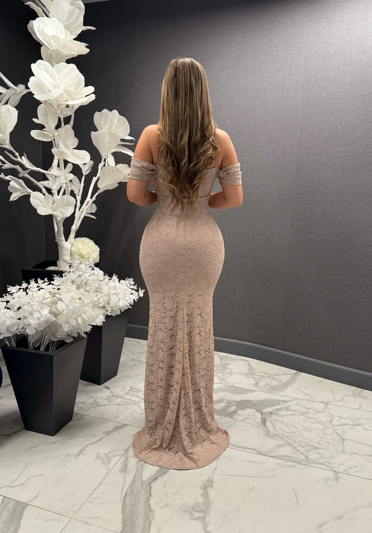 Off Shoulder NeutralTone Floral Dress- Stretchy, Estira
