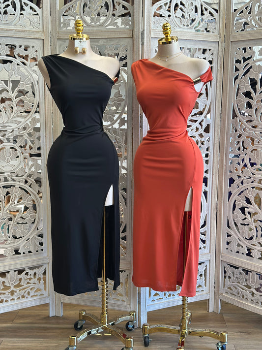 Asymmetrical High Slid Midi Dress- Stretchy