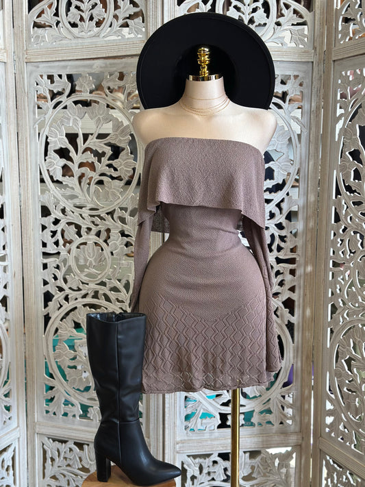 Knitted Off Shoulder Taupe Mini Dress- Stretchy,Estira