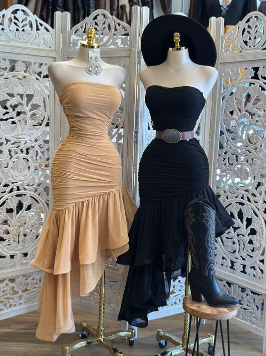Strapless High Low Ruffle Dress-Estira , Stretchy