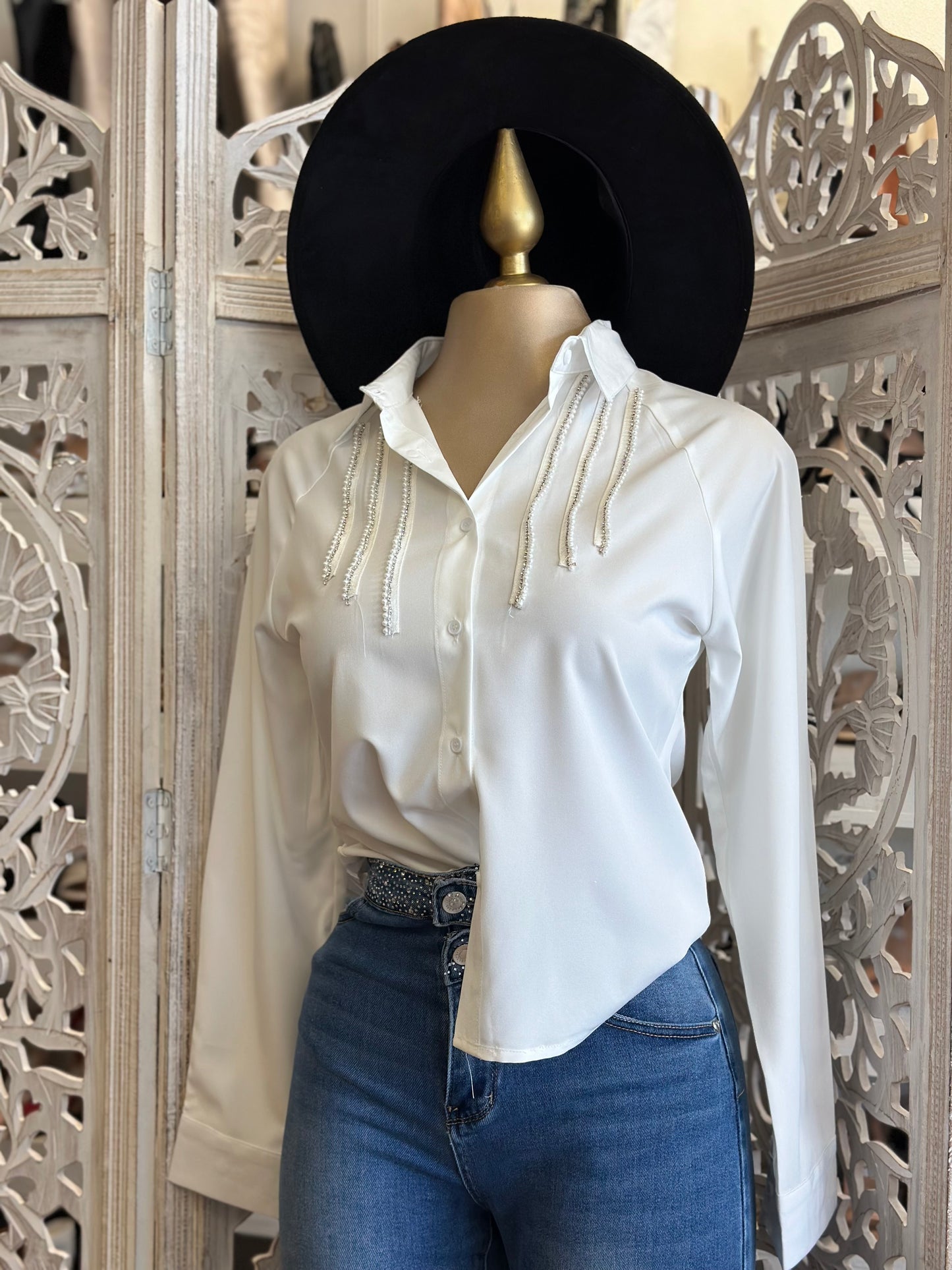 Ivory Dainty Rhinestone Blouse- Stretchy