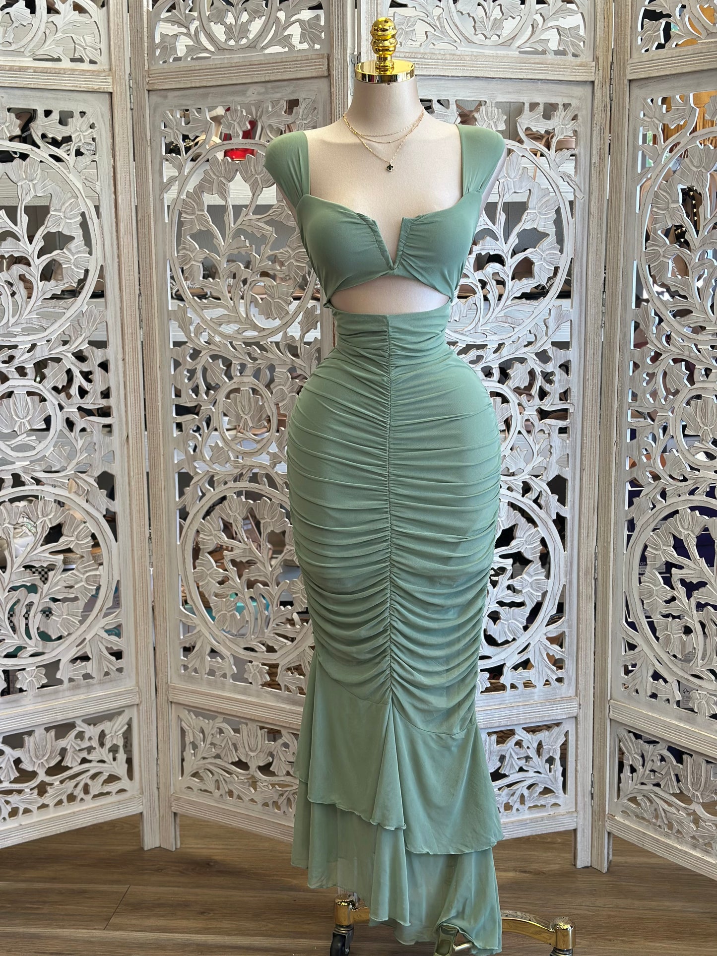 Green Ruched Cutout Midi Dress-Estira, Stretchy