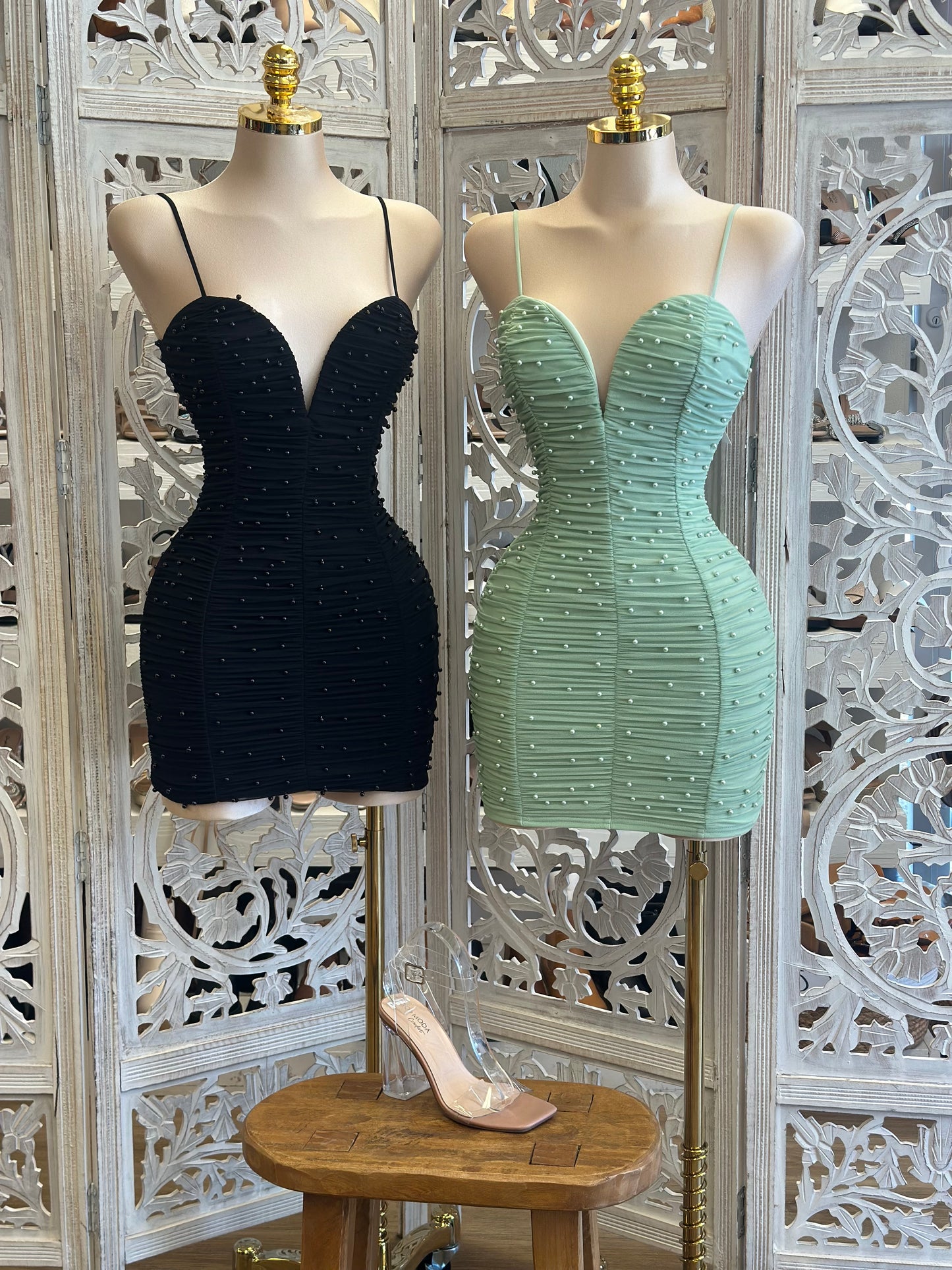 Pearl Embellished Heart Lined Mini Dress- Stretchy