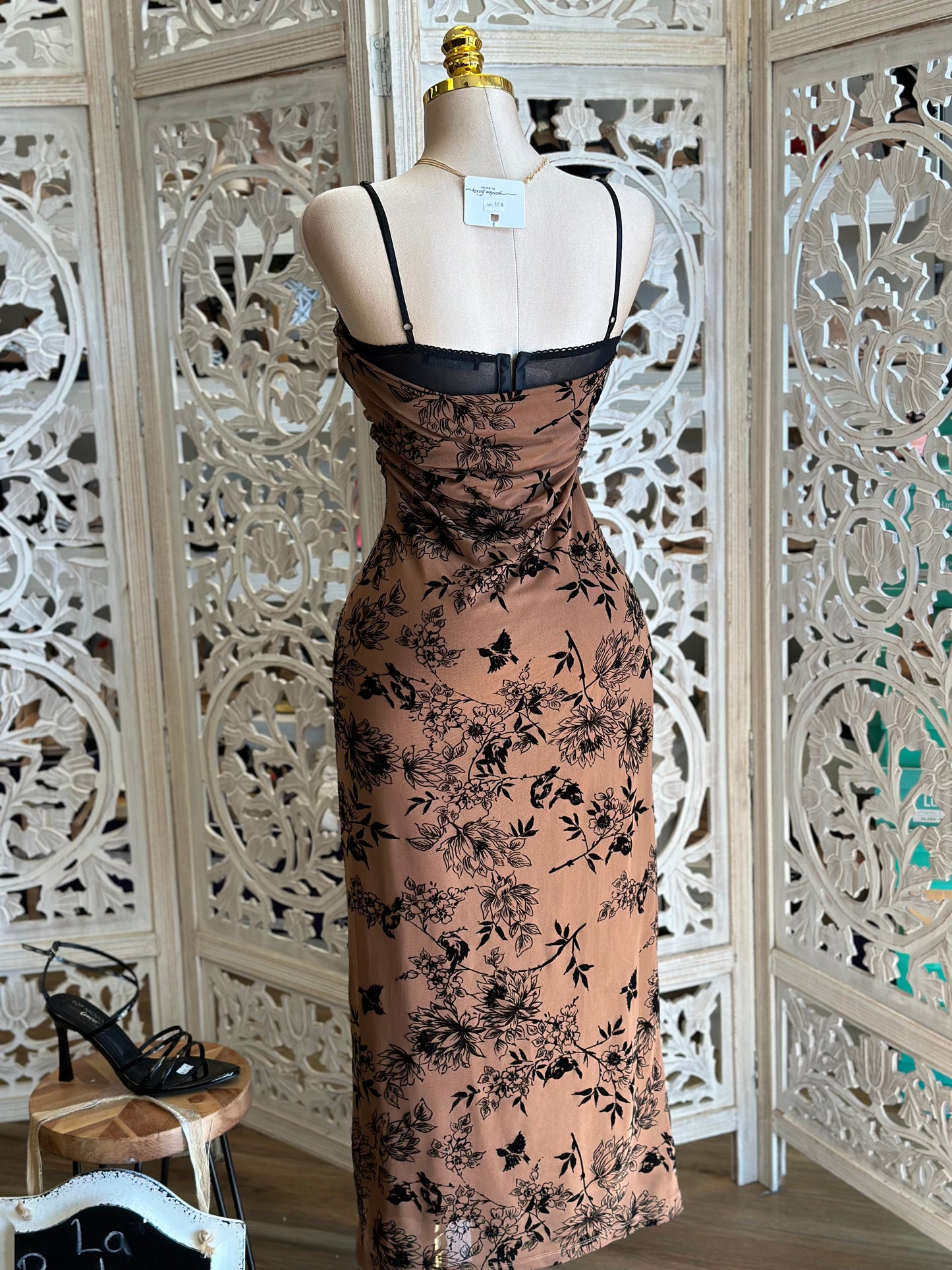 Velvet Flower Cami Mesh Midi Dress- Stretchy,Estira