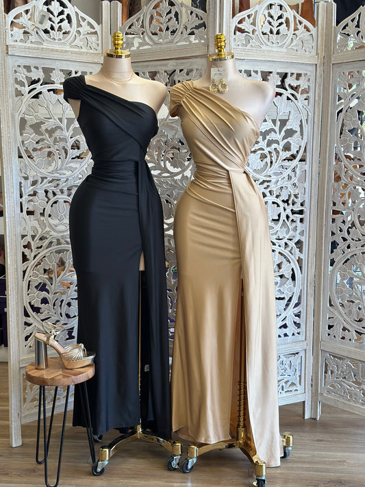 One Sleeve Draped Formal Dress- Stretchy,Estira