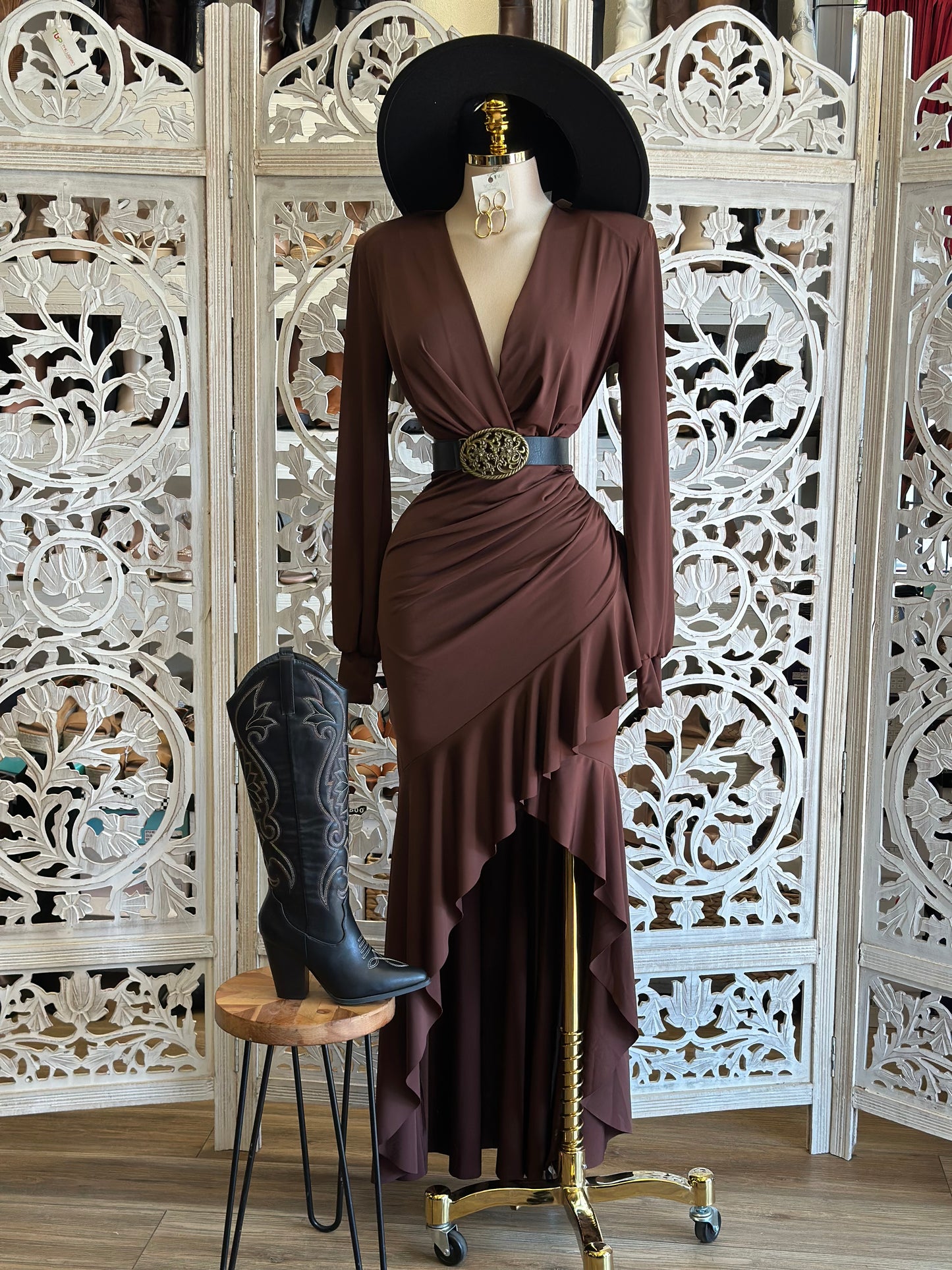 Earth Brown Asymmetrical Ruffle Dress- Stretchy,Estira