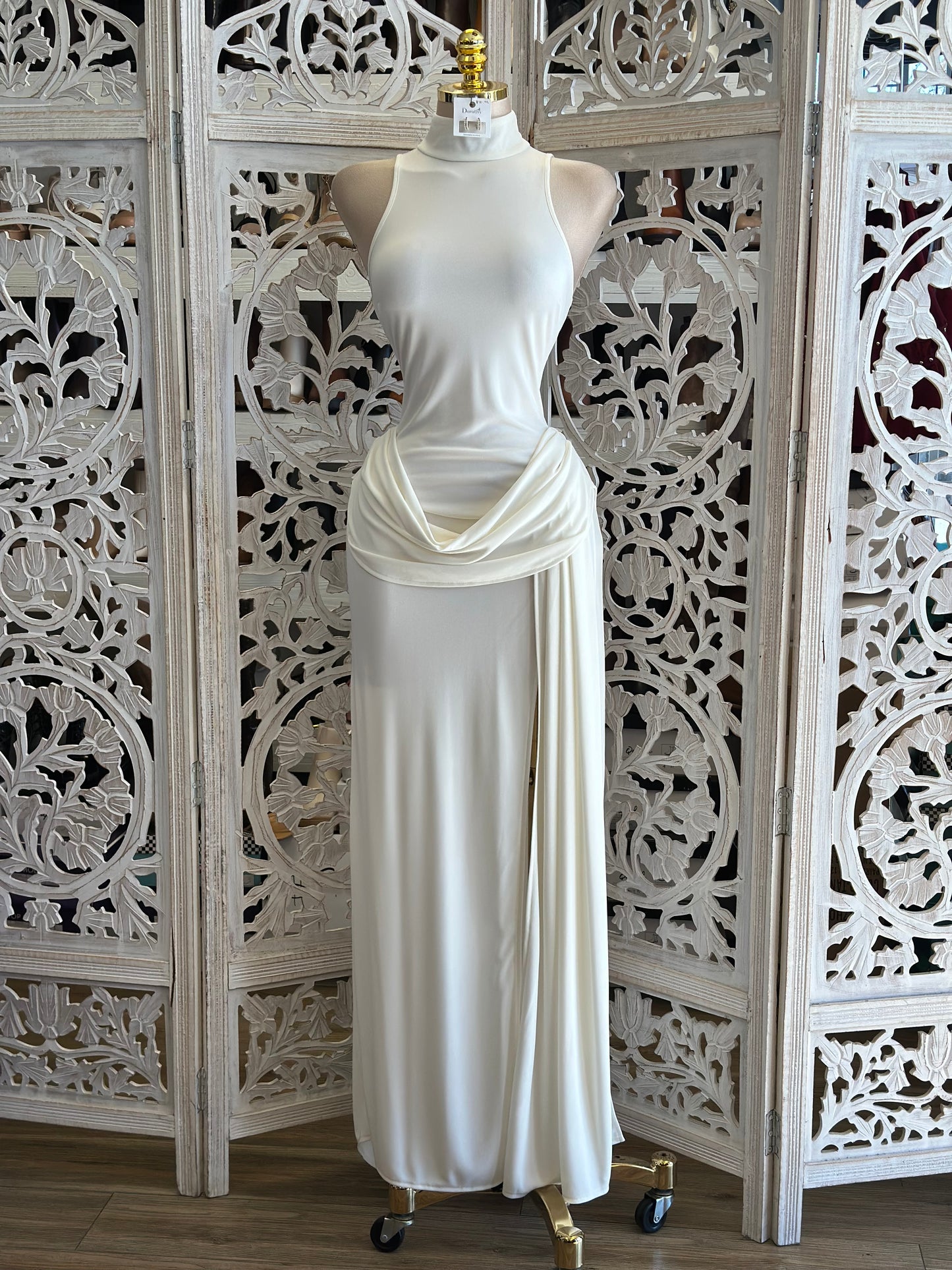 White Mock Neck Draped Maxi Dress-Estira, Stretchy