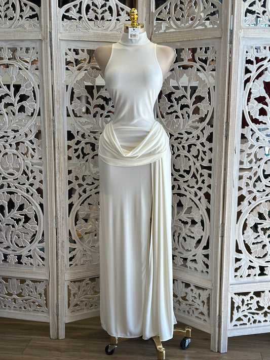 White Mock Neck Draped Maxi Dress-Estira, Stretchy