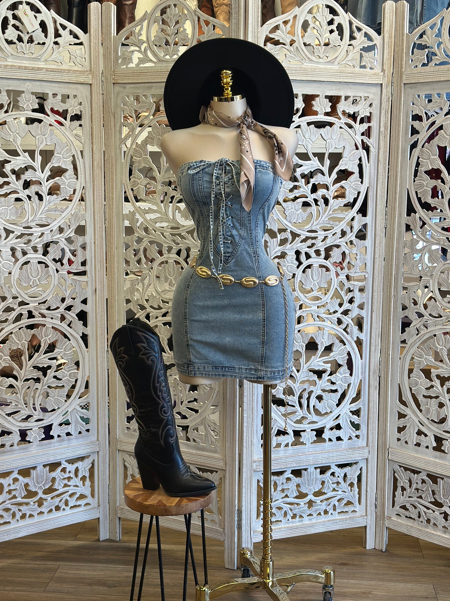 Strapless Tie Up Denim Mini Dress- Slightly Stretchy, Estira Poco