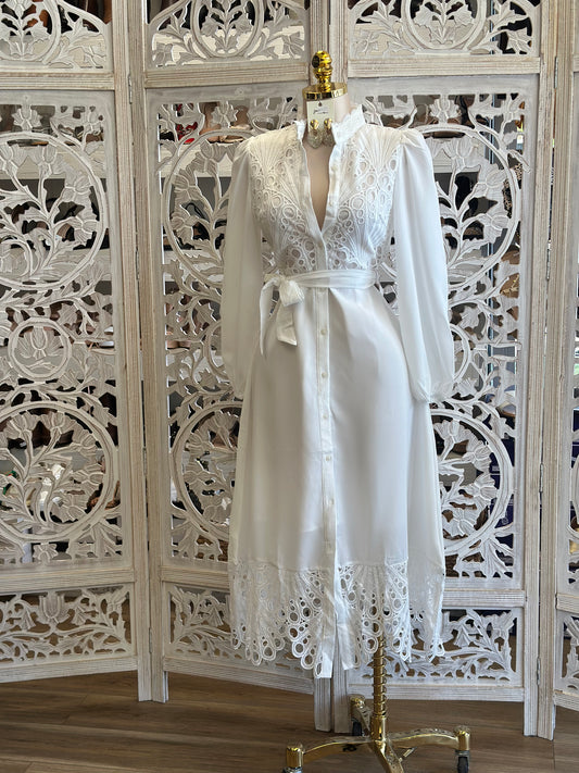 White Eyelet Button Maxi Dress-Estira, Stretchy