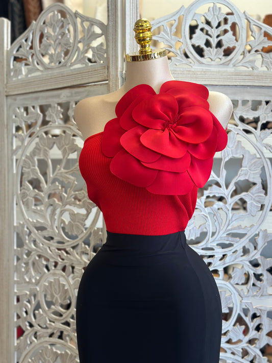 Red Enlarged Flower Ribbed Blouse - Stretchy, Estira