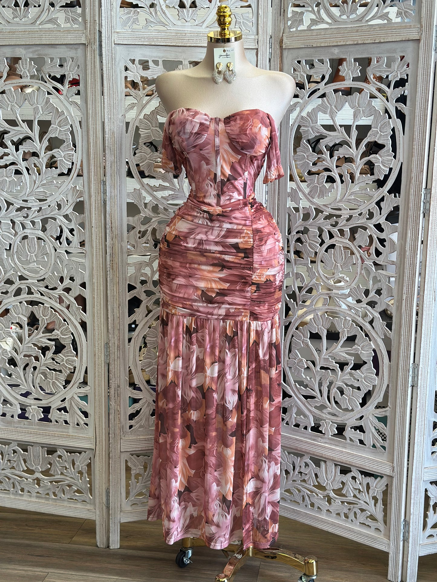 Floral Overlay Pattern Corset Dress- Stretchy, Estira