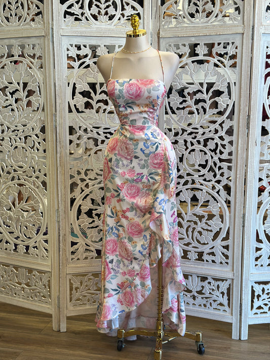 Satin Pink Floral Midi Dress-No Estira, Not Stretchy