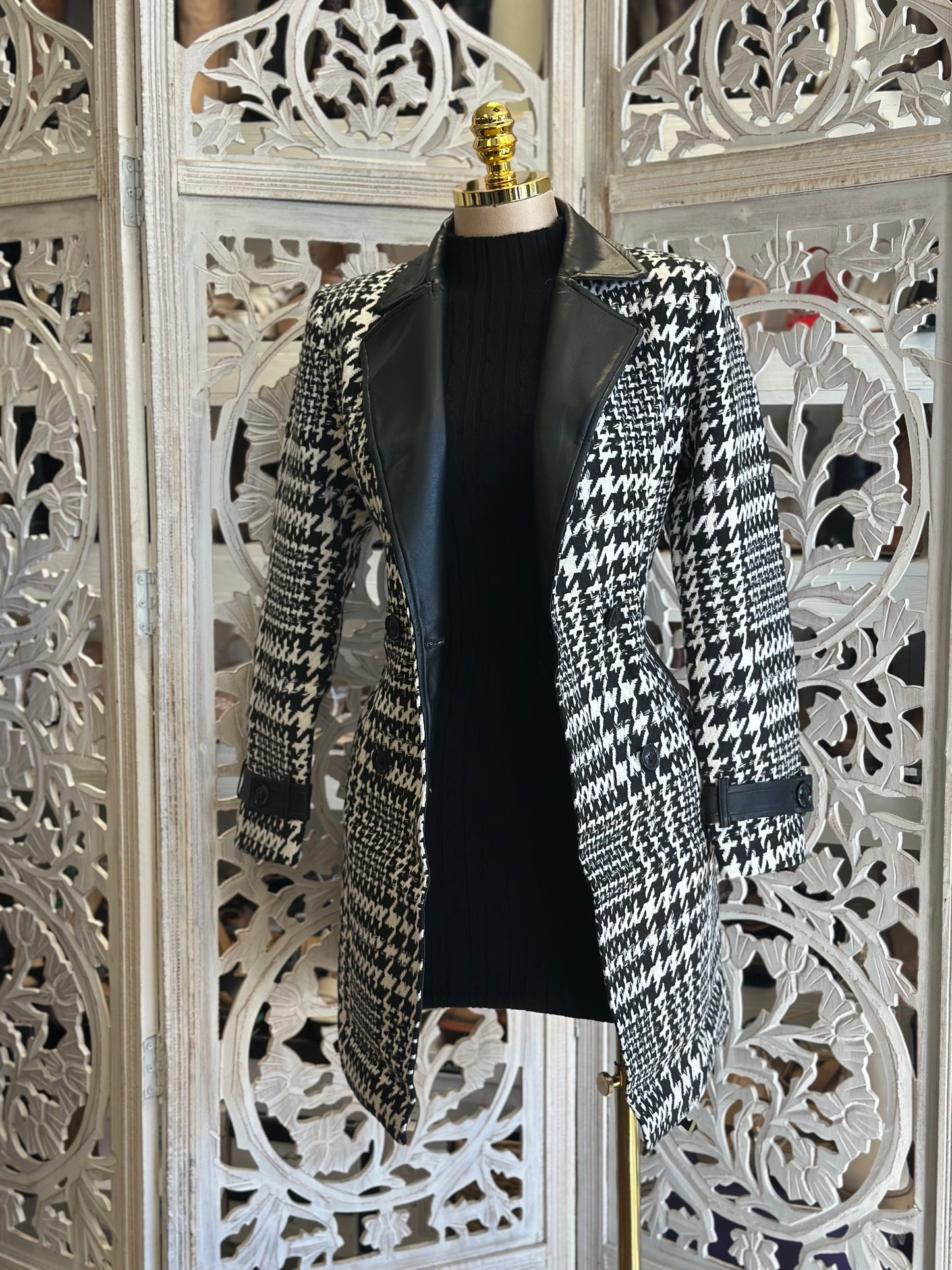 Houndstooth Faux Leather Coat