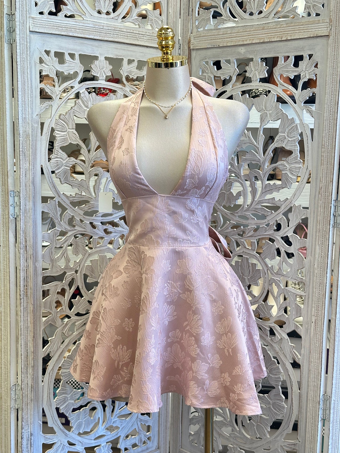 Embedded Floral Rose Mini Dress- No Estira, Not Stretchy