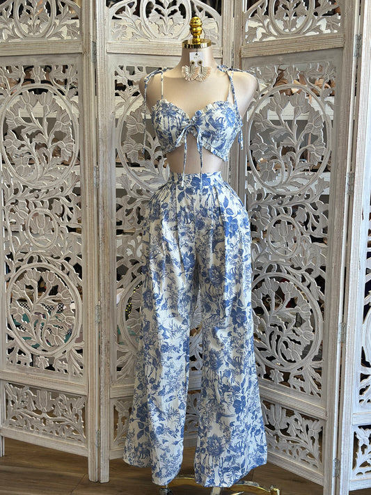 Blue Floral Palatzo Set- No Estira, Not Stretchy