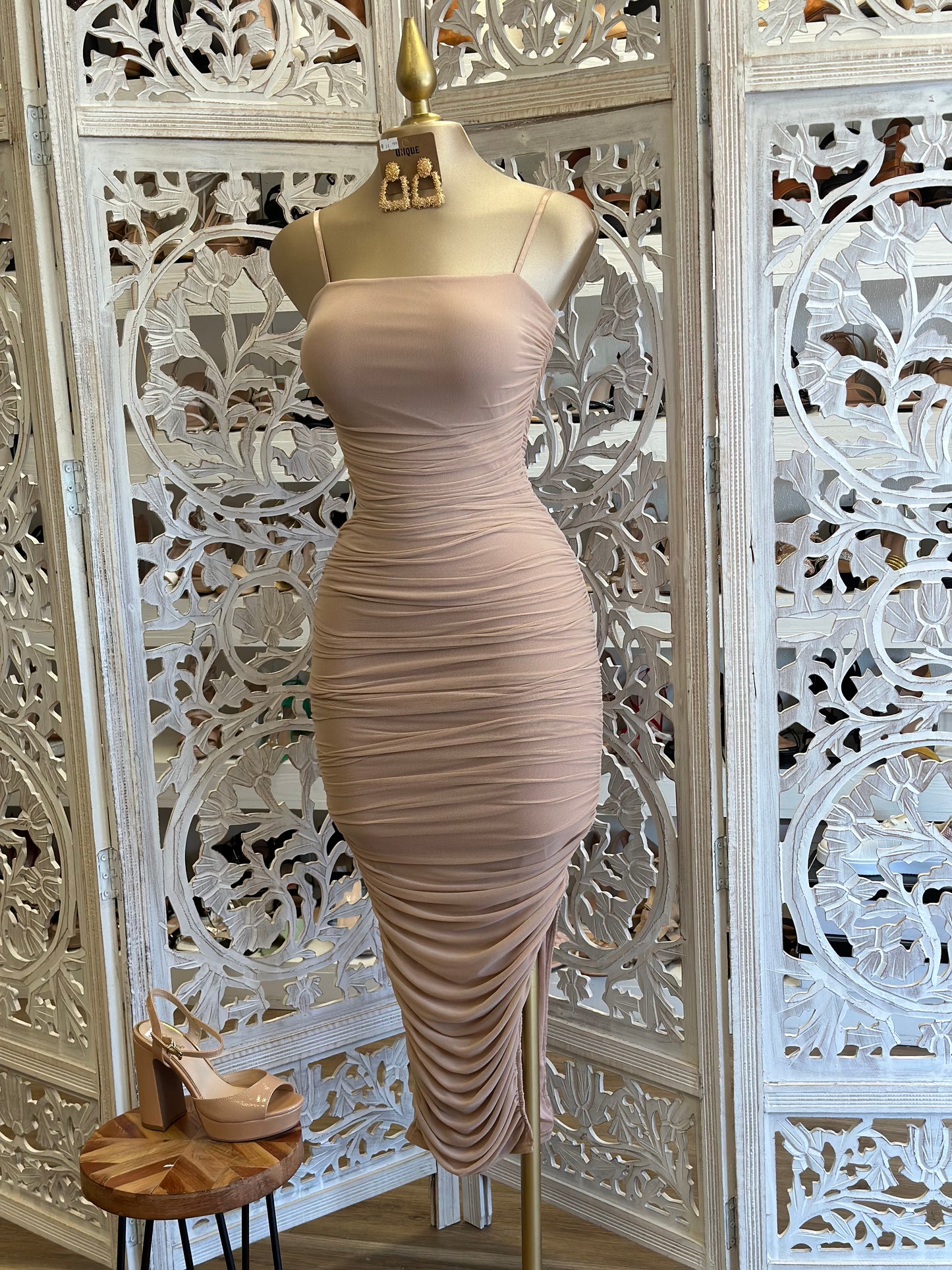 Beige Midi Ruched Dress