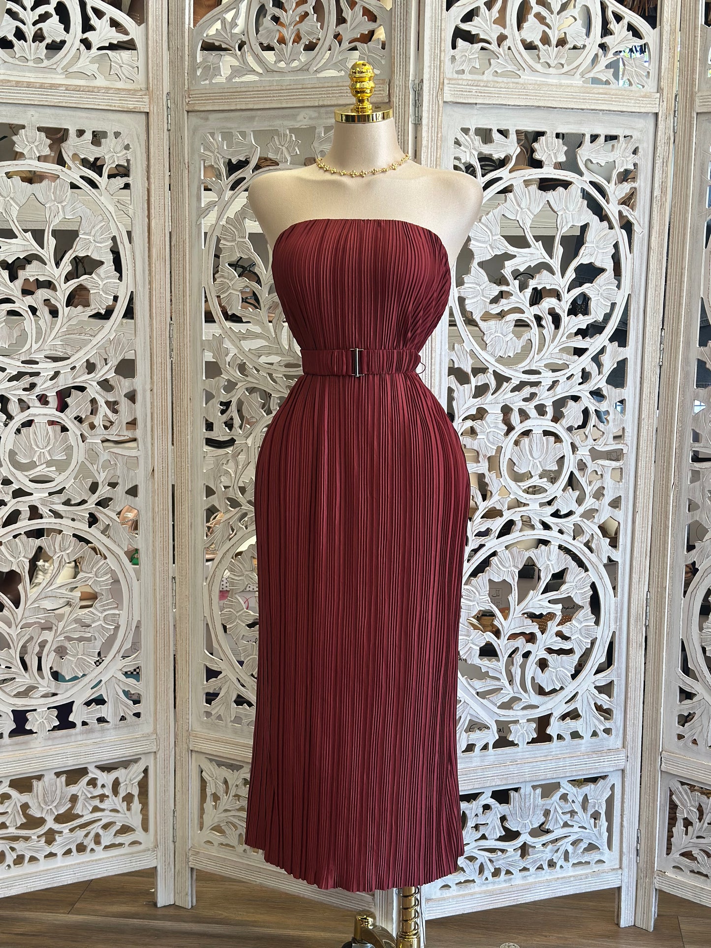 Burgundy Pleated Midi Dress- Stretchy, Estira