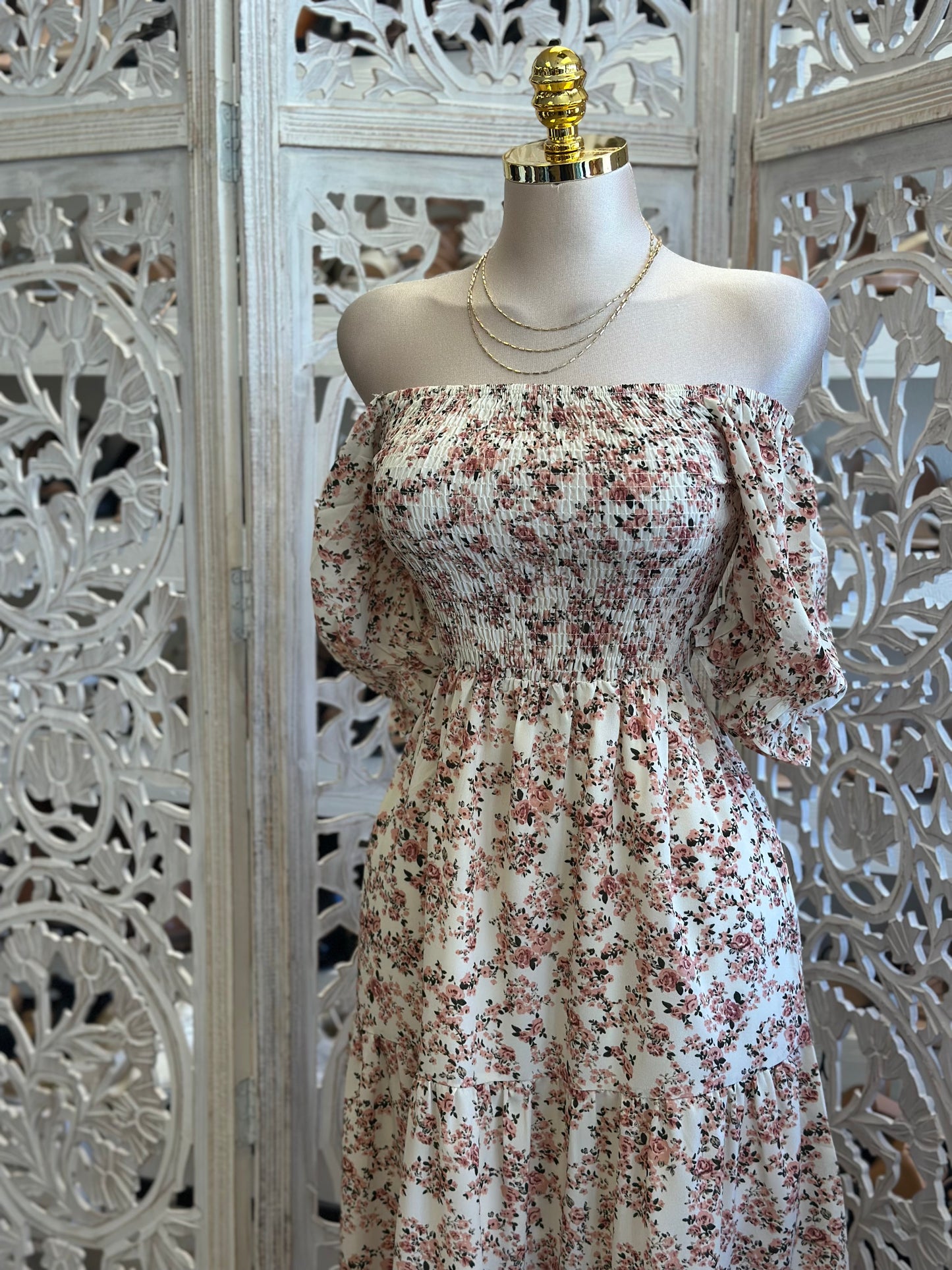 Floral Smocked Off Shoulder Maxi Dress - Estira, Stretchy