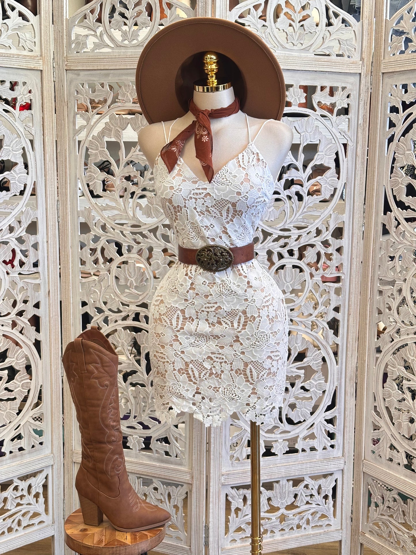 Nude Lace Crossback Mini Dress- Slightly Stretchy, Estira Poco
