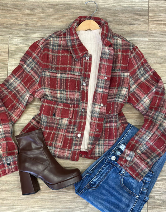 Red Plaid Jacket with Pockets