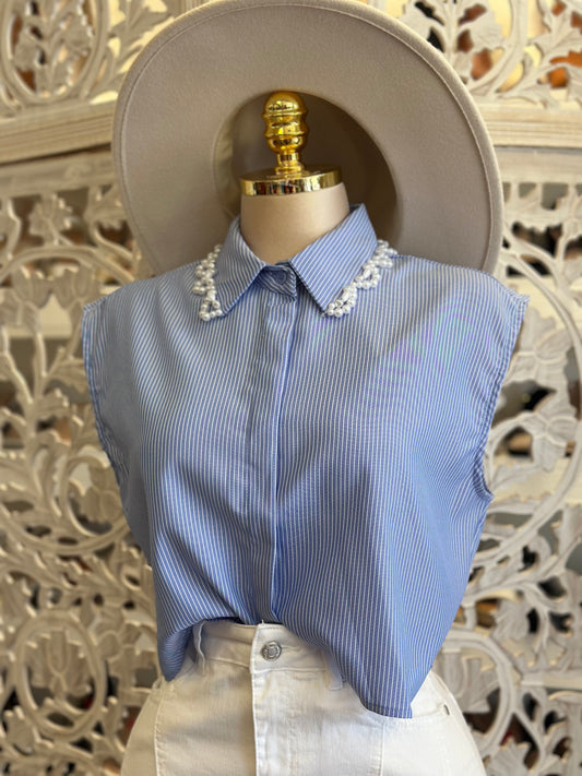 Blue Stripe Pearl Collar Blouse - Stretchy, Estira