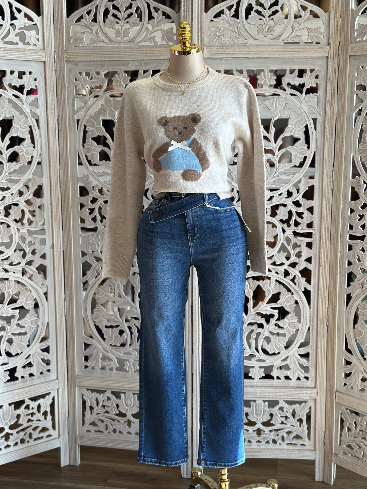 Baby BlueTeddy Bear Ribbon Cozy Sweater