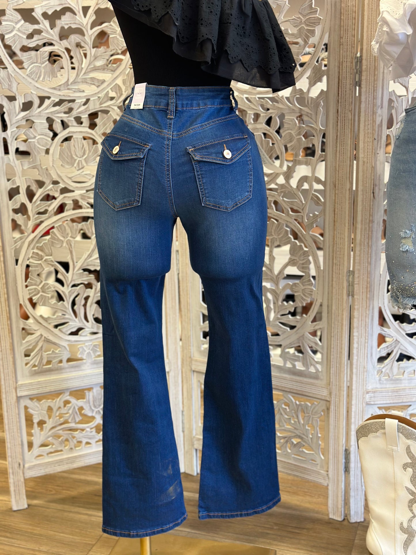 High Rise Button Pocket Jeans- Stretchy