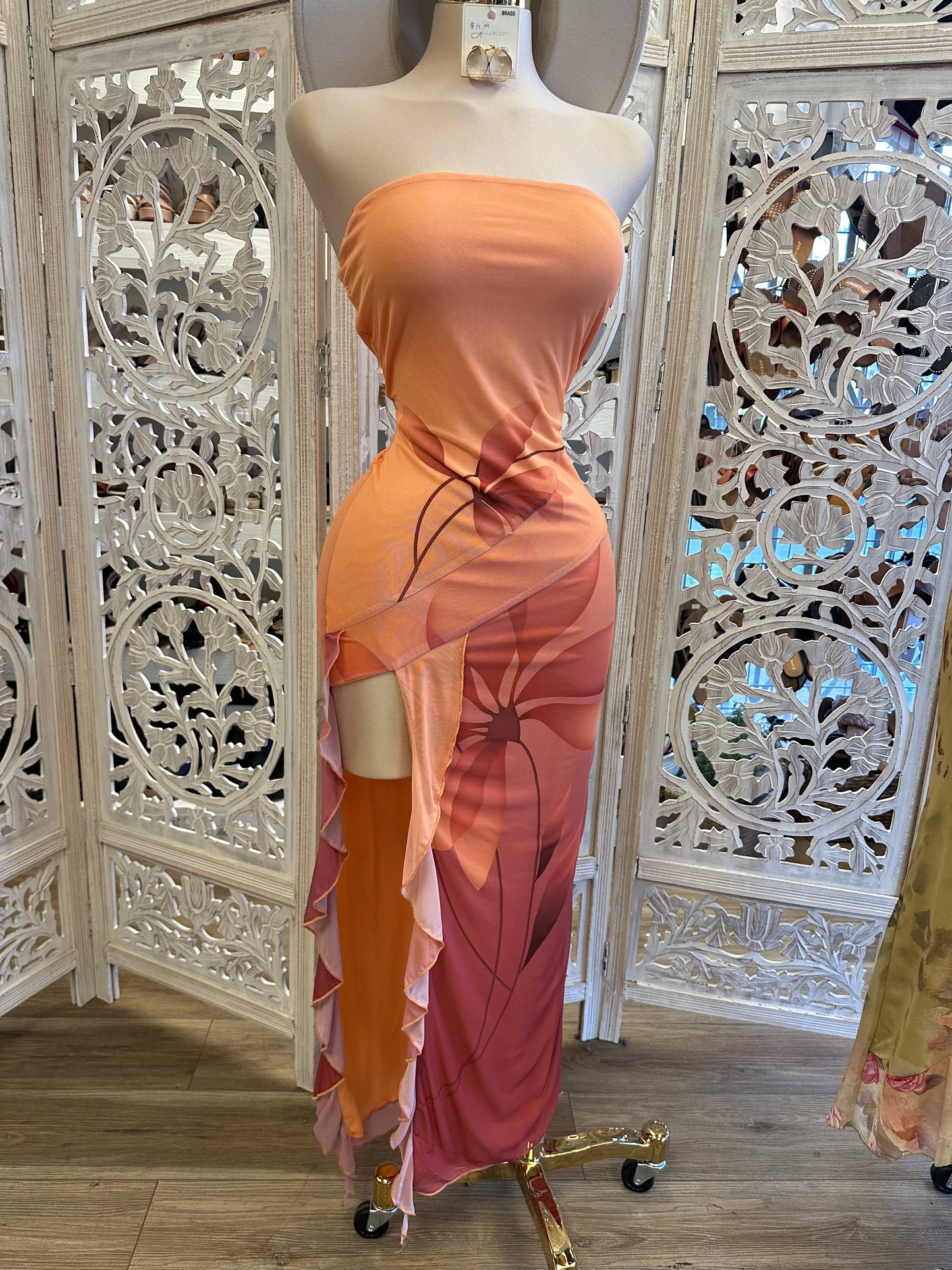 Strapless Orange Ruffle Dress - Estira, Stretchy