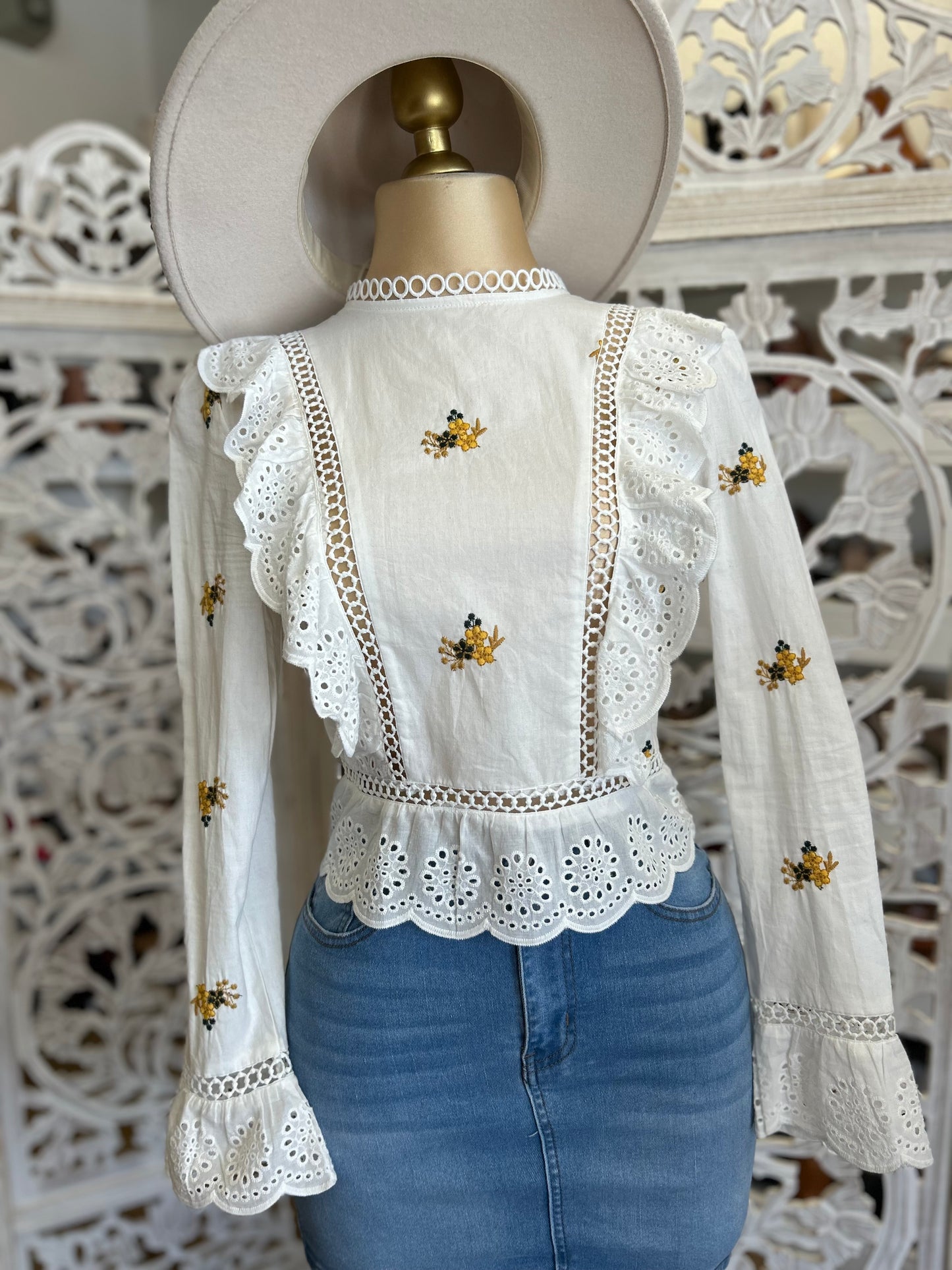 Lace Yellow Floral Embroidered White Blouse - Not Stretchy
