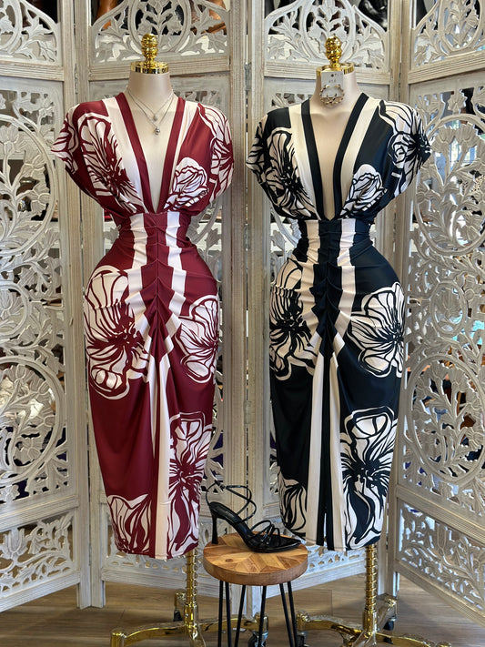Deep V Patterned Ruched Dress - Estira, Stretchy