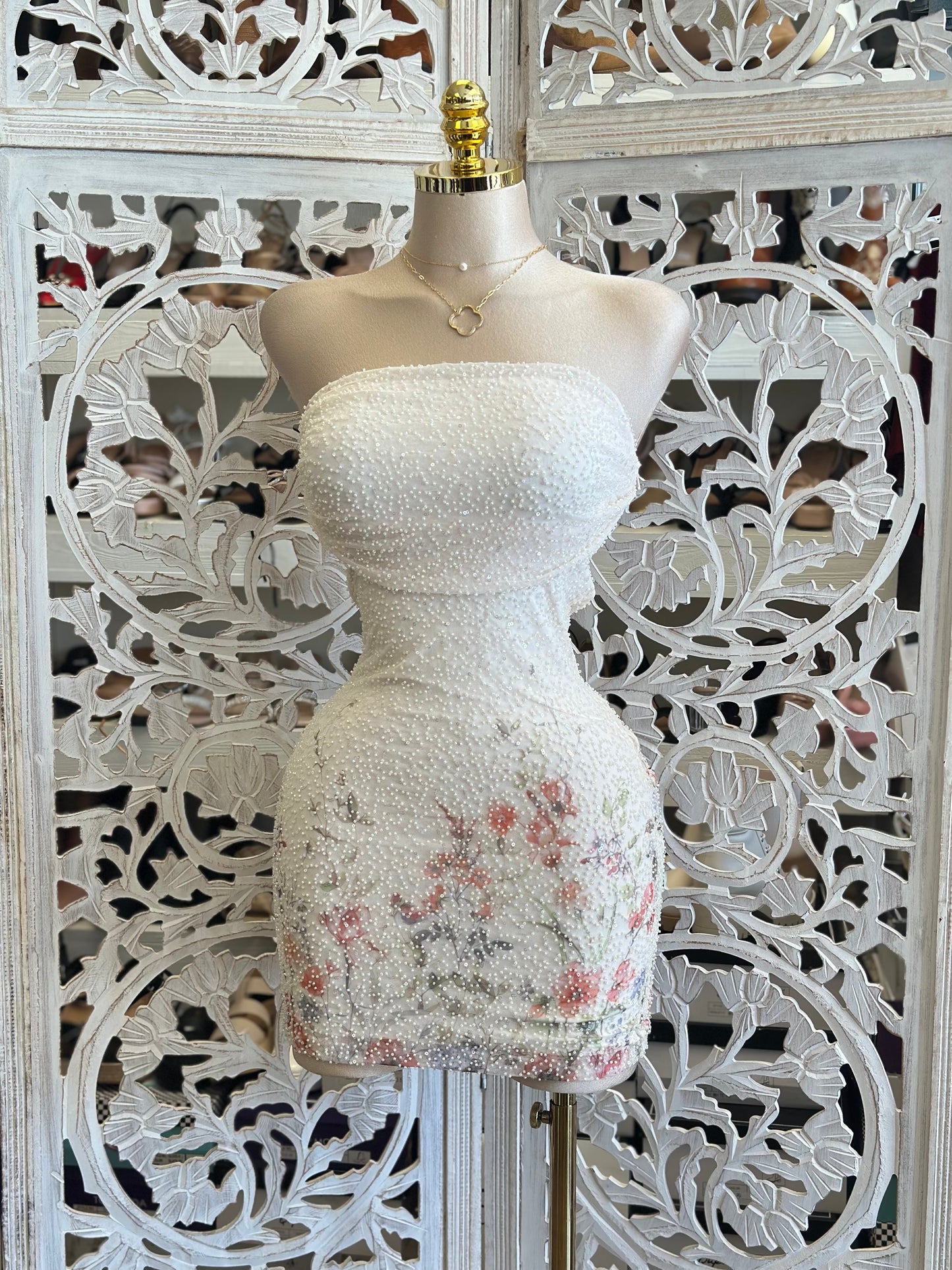 Embellished Floral Mini Dress- Stretchy, Estira