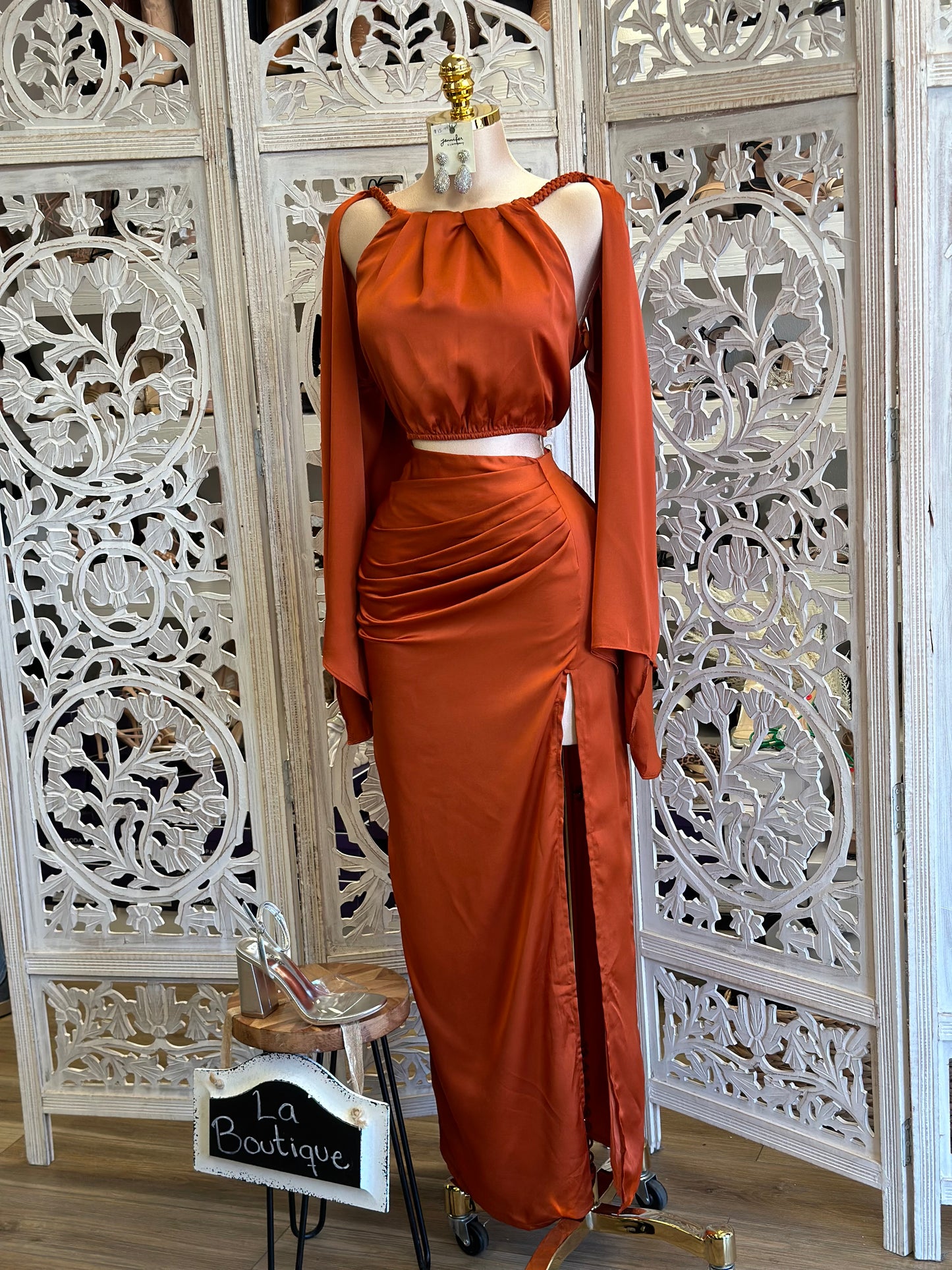 Tawny Satin Caped Gown- Not Stretchy, No Estira