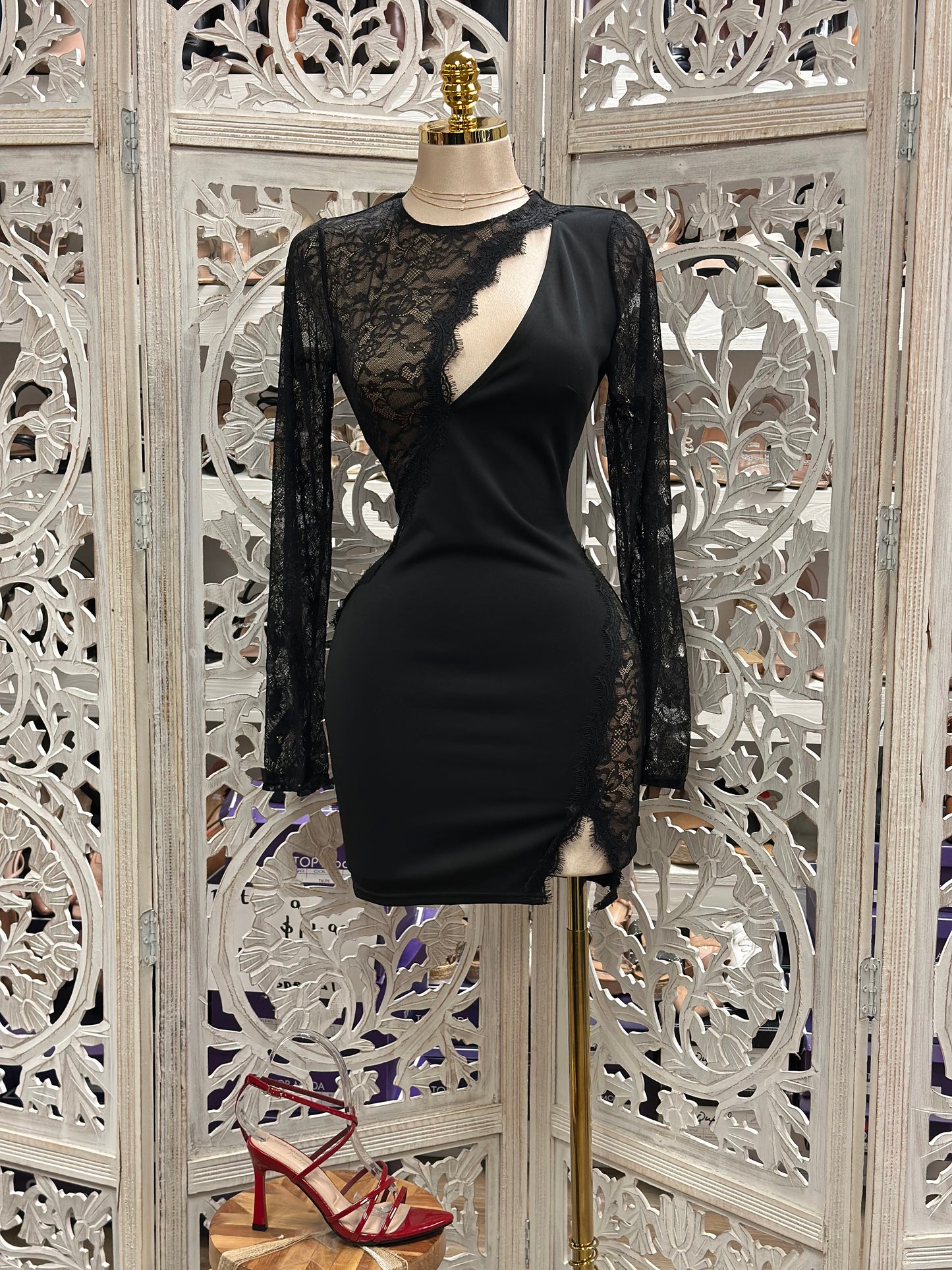 Black Lace Cutout Mini Dress- Stretchy,Estira