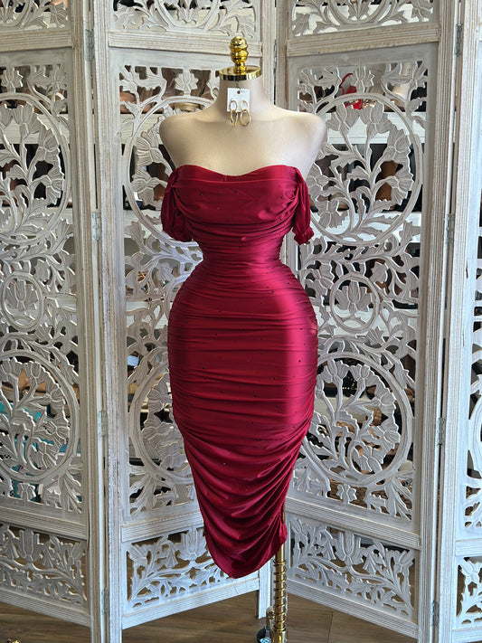 Red Rhinestone Bodycon Dress- Stretchy,Estira