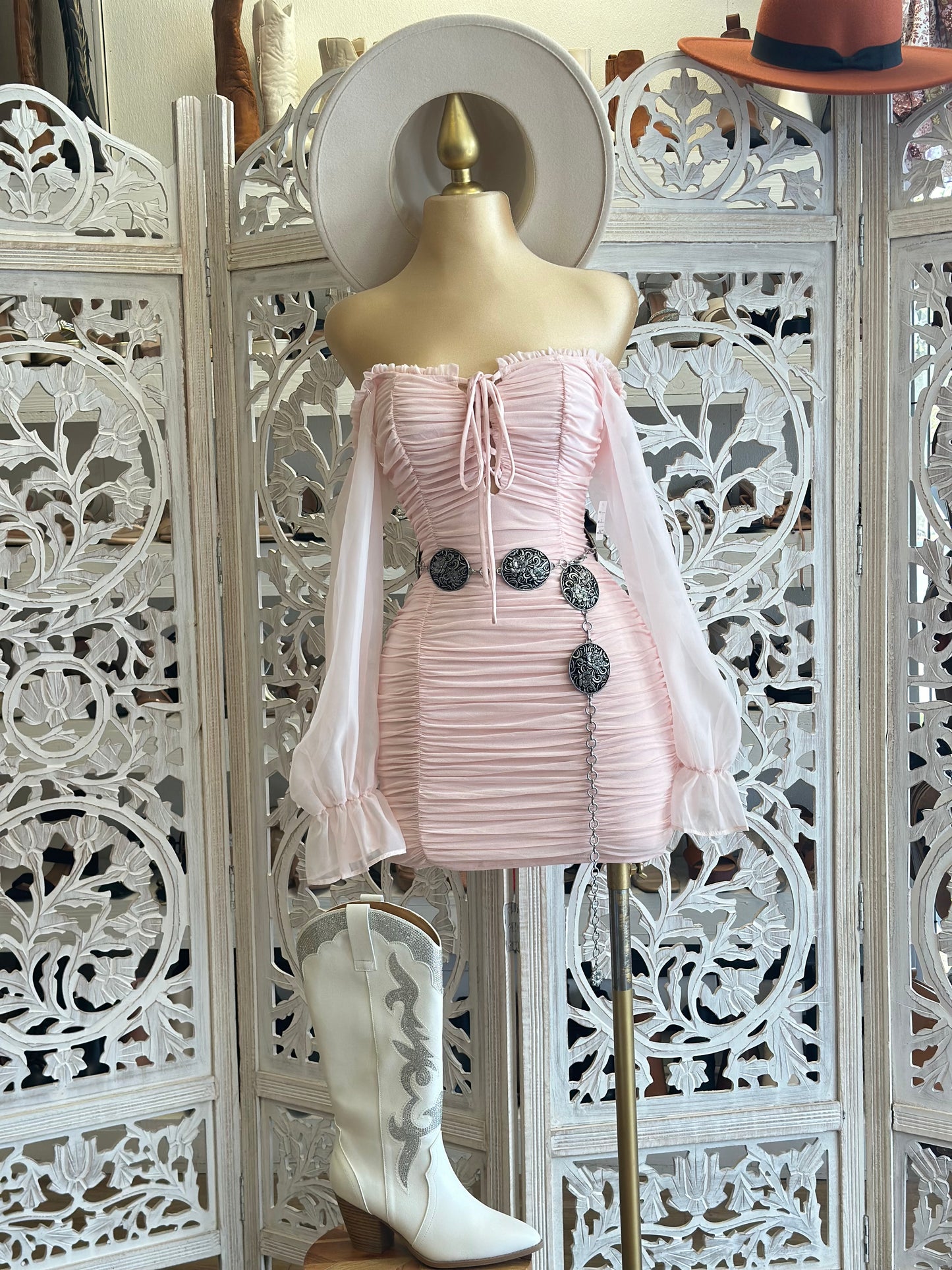 Light Pink Ruched Mini Dress- Stretchy