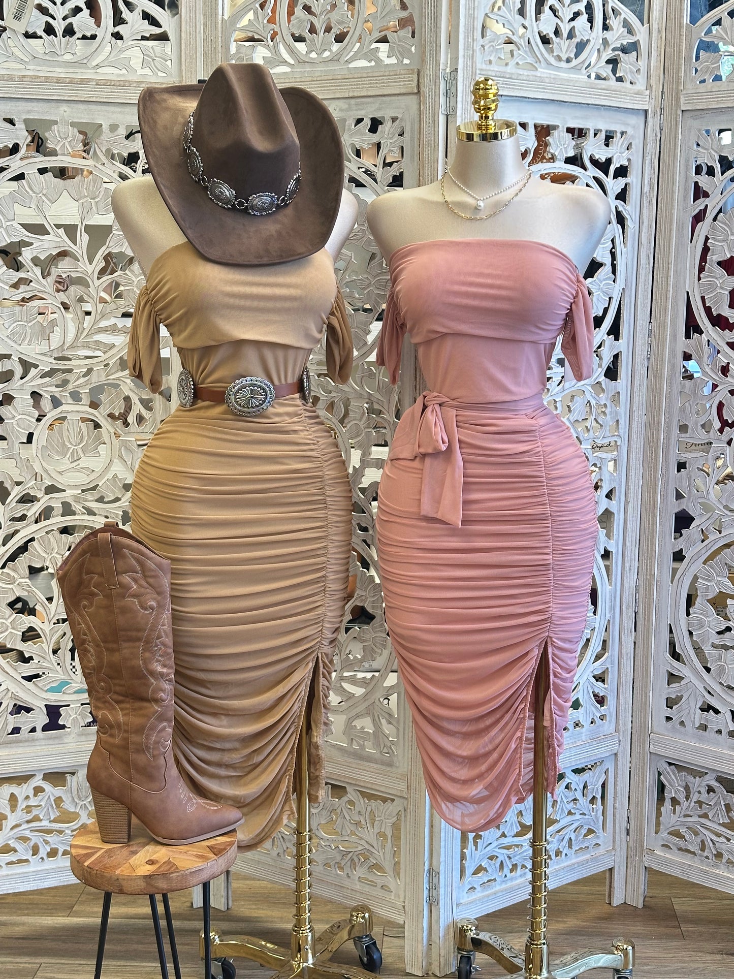 Ribbon Ruched Midi Dress- Estira, Stretchy
