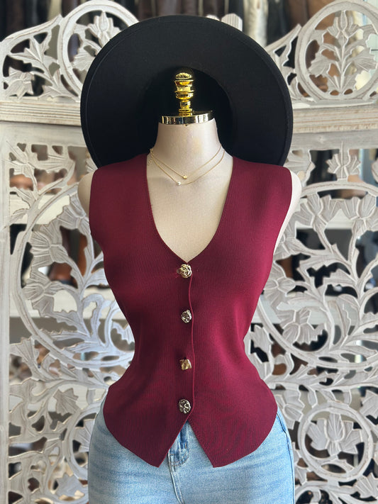 Burgundy Gold Rise Button Vest