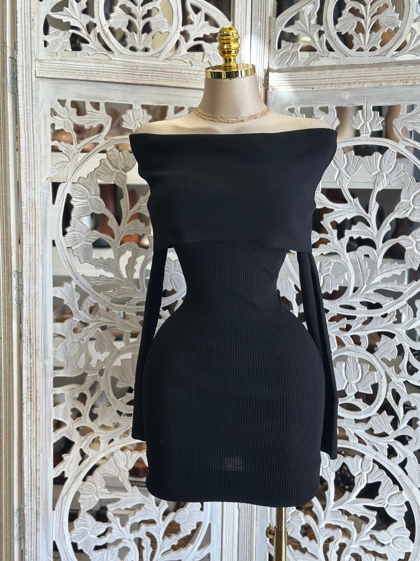 Off Shoulder Black Ribbed Sweater Mini Dress- Stretchy,Estira