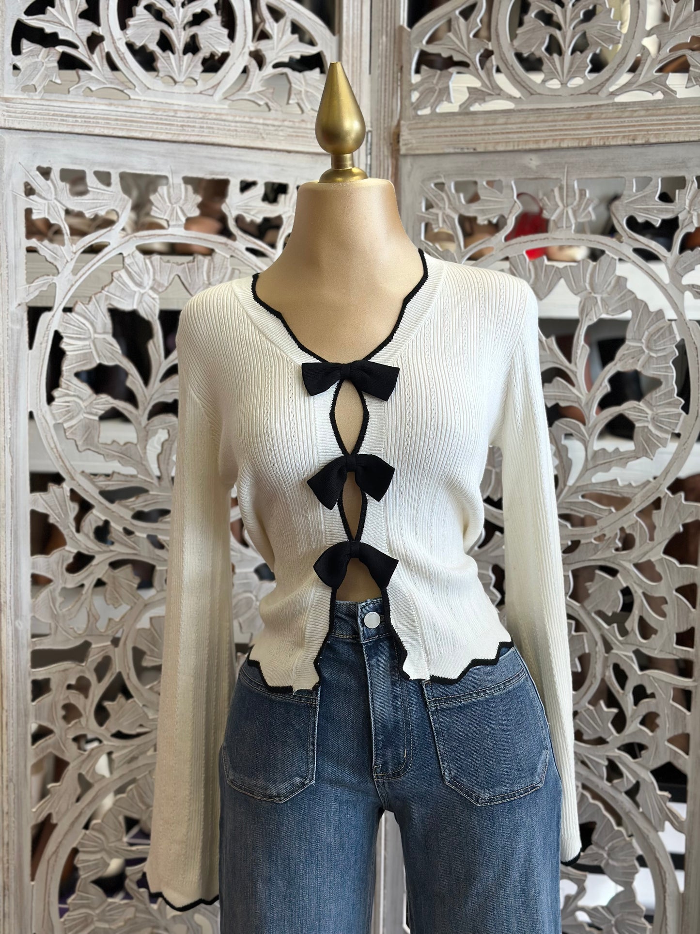 Black Bow Button Knitted Top- Estira, Stretchy