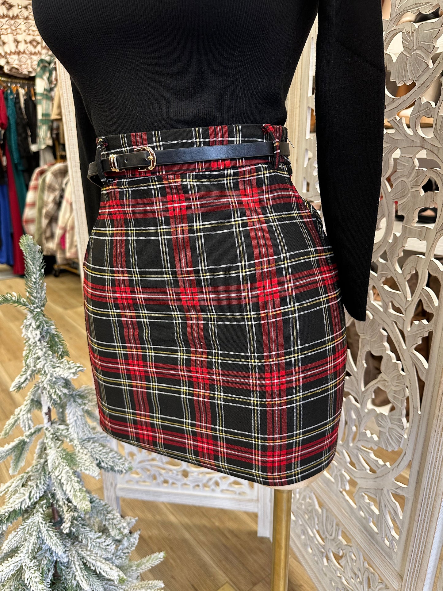 Red plaid Mini Skirt with Belt