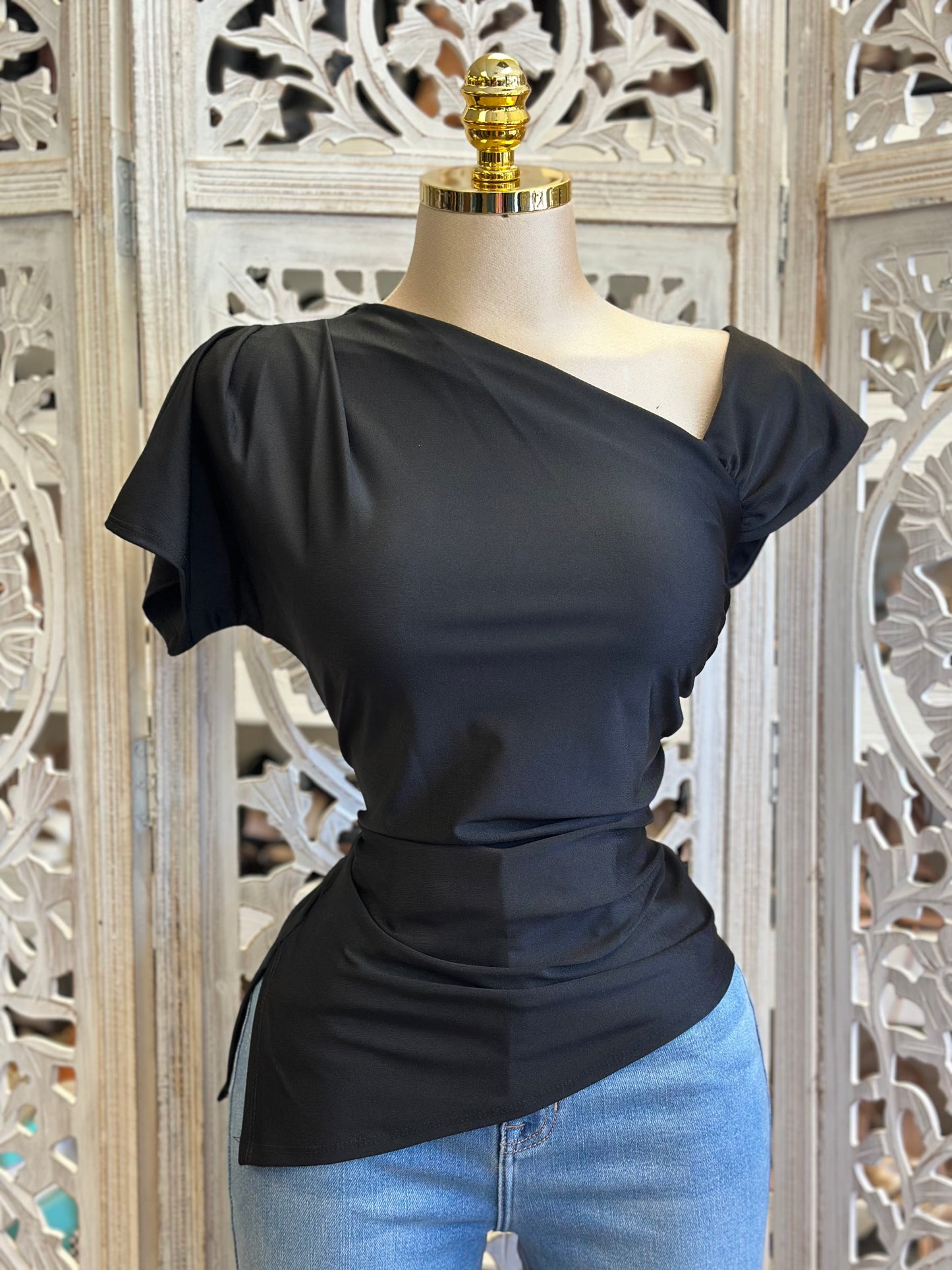 Black Asymmetrical Blouse - Estira, Stretchy
