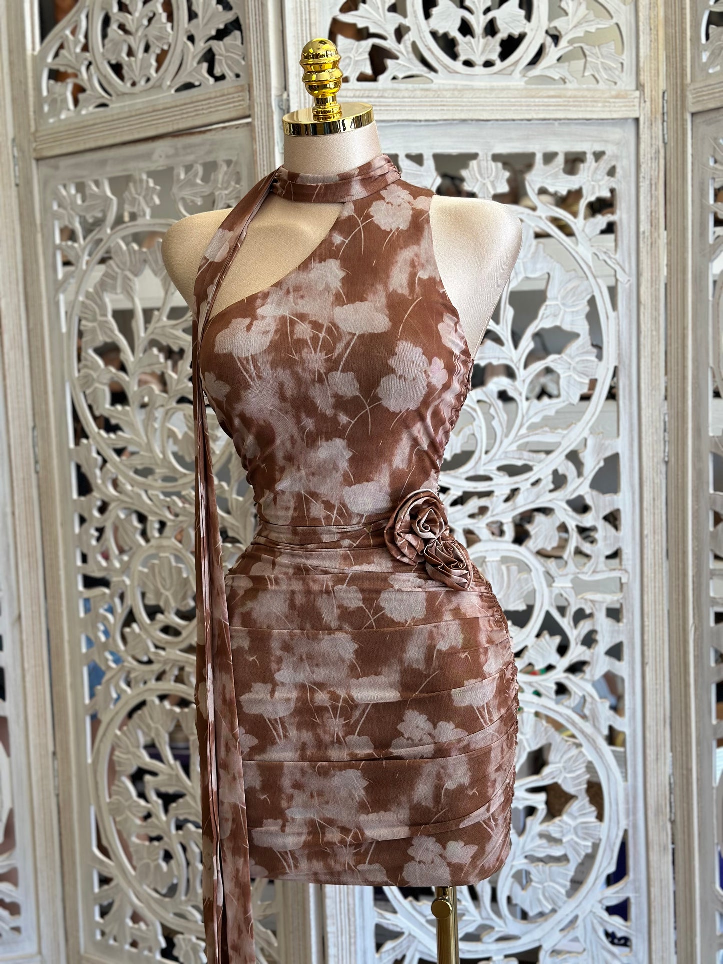 Halter Multi Pattern Ruched Mini Dress- Stretchy, Estira
