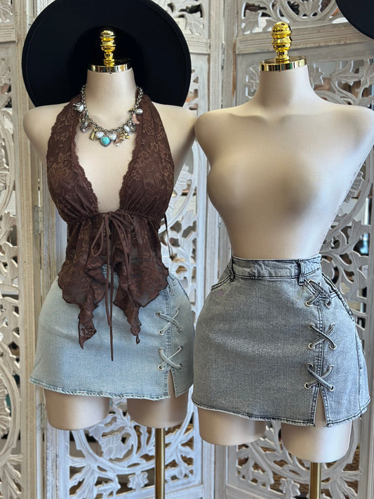 Denim Criss Cross Mini Skirt-  Slightly Stretchy , Estira Poco