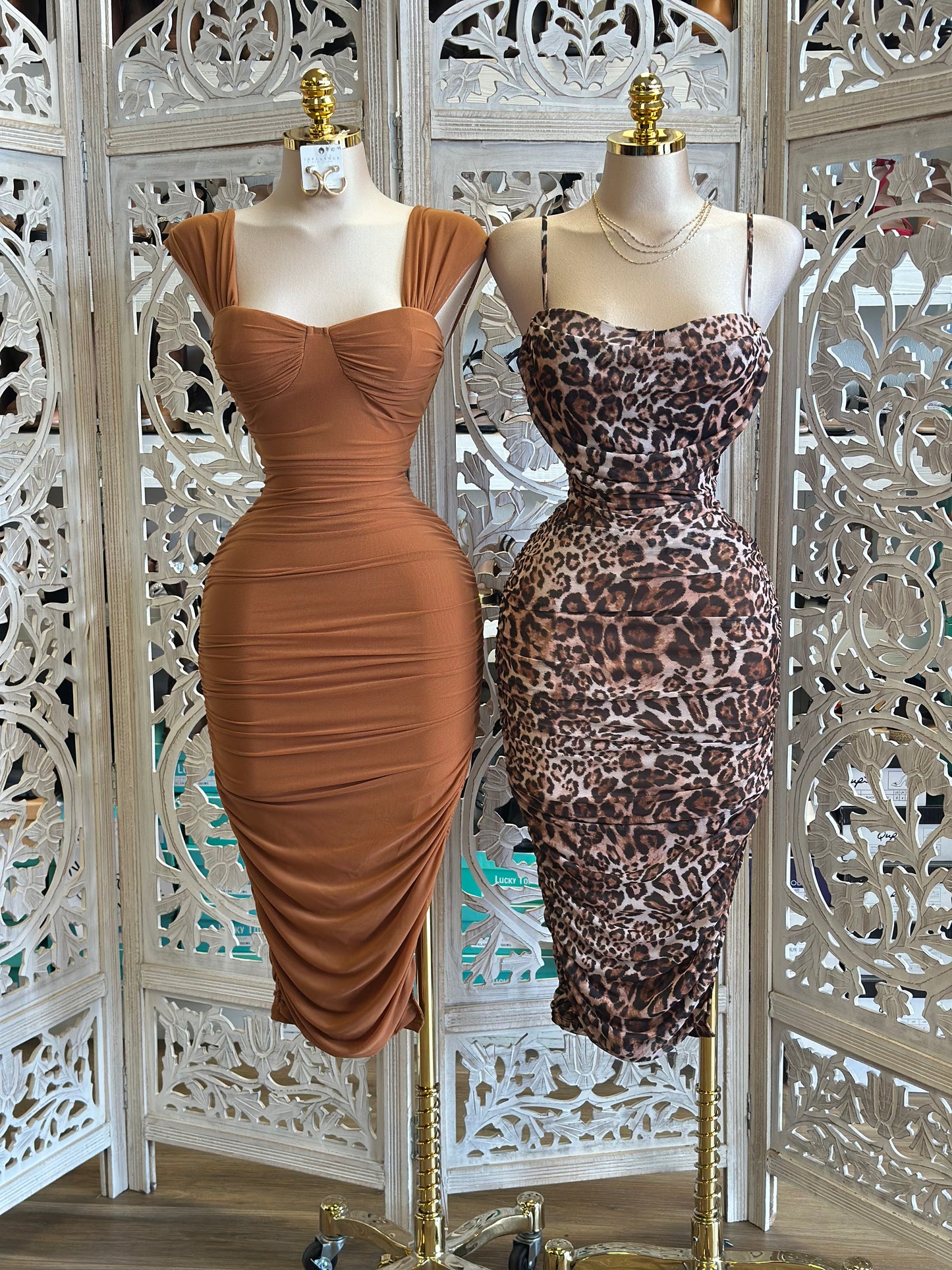 Cheetah Cami Ruched Midi Dress- Stretchy,Estira