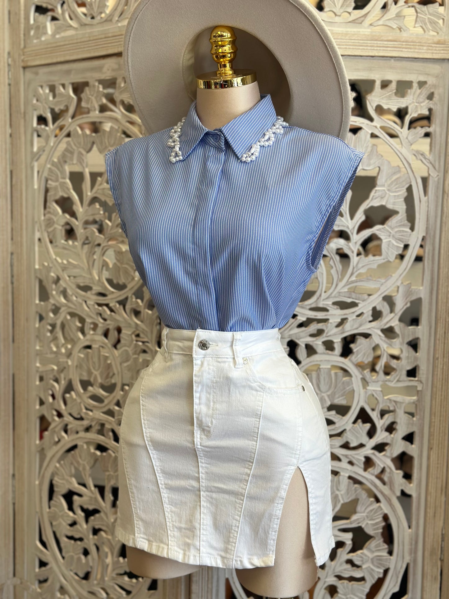 Blue Stripe Pearl Collar Blouse - Stretchy, Estira