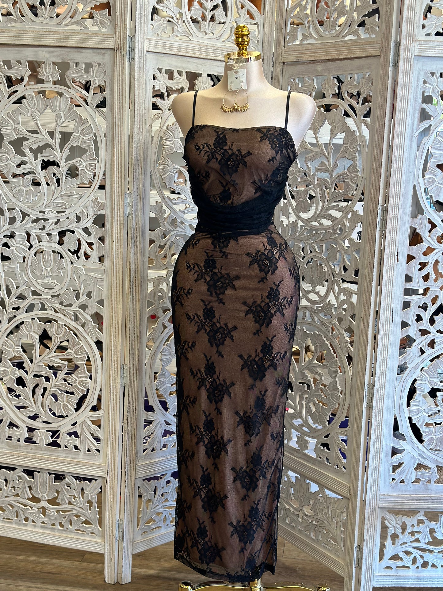 Nude with Black Lace Corset Dress - Estira, Stretchy