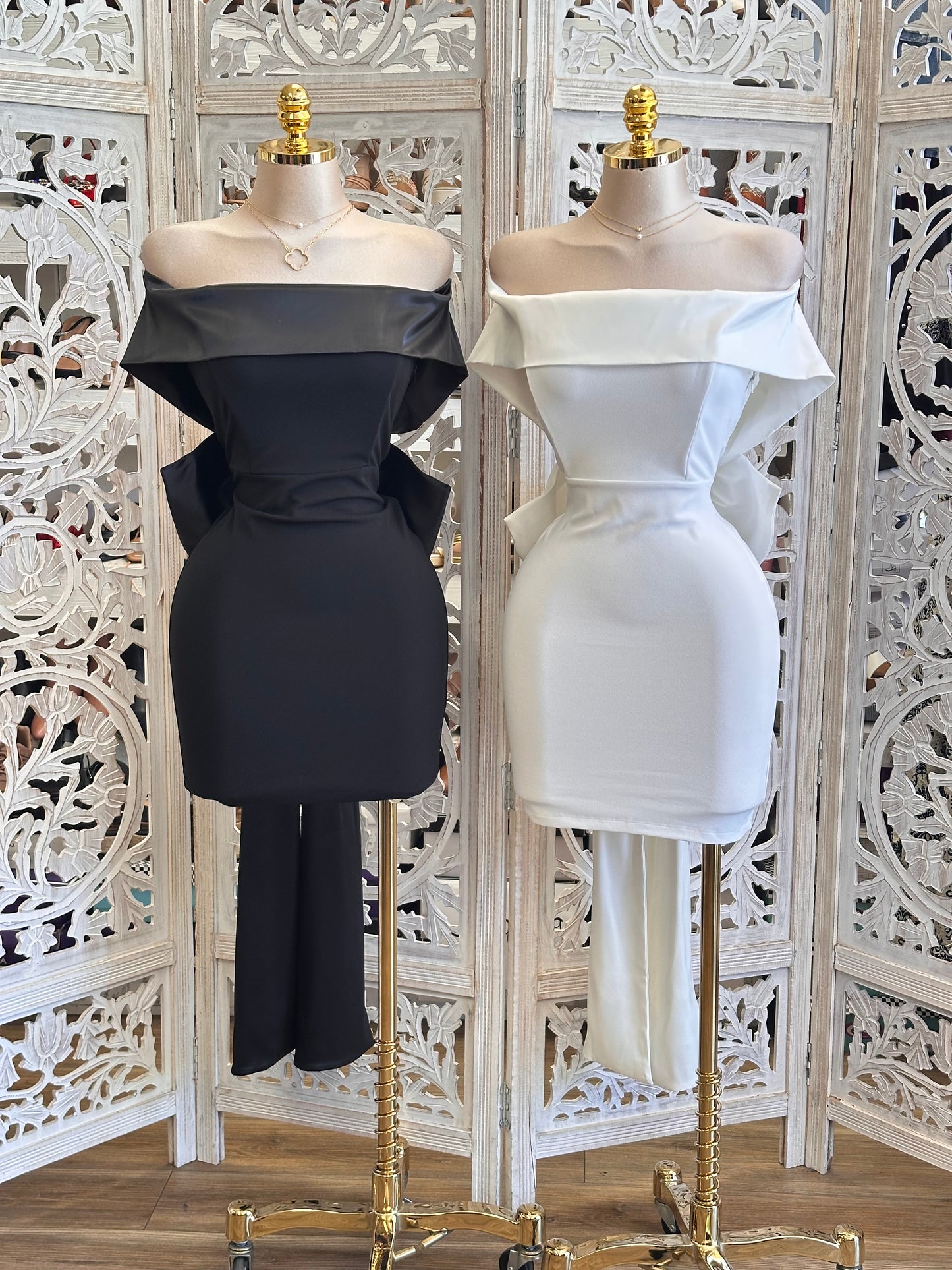 Off Shoulder Ribbon Mini Dress- Stretchy, Estira